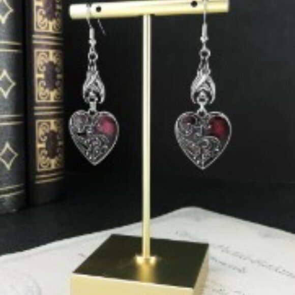 Gothic Heart Dangle Earrings Synthetic Red Glass, Silver-Plated Zinc Alloy, Stai - Picture 2 of 9